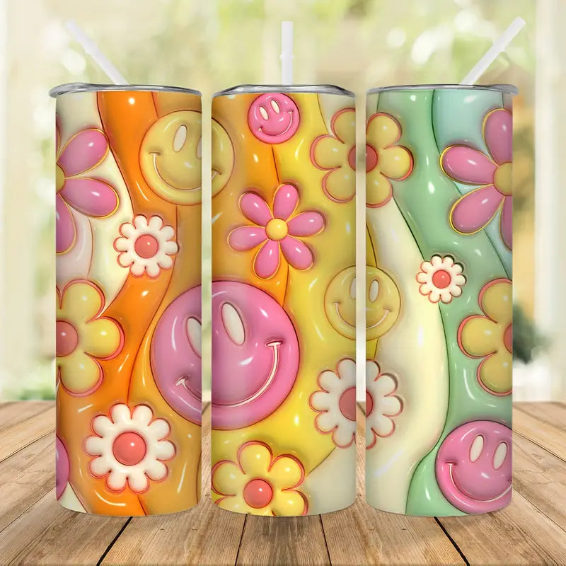 Smiley Face and Flowers 20 ounce Tumbler with Straw